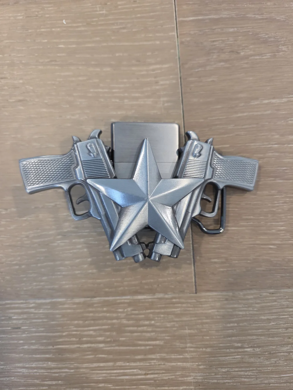 Western Star Crossed Pistols Belt Buckle with Refillable Lighter Gunmetal